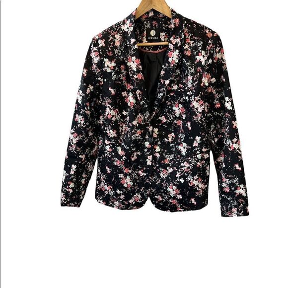 JESSICA Black Floral Cotton Shoulder Padded 2 Button Blazer 14 - Picture 1 of 8